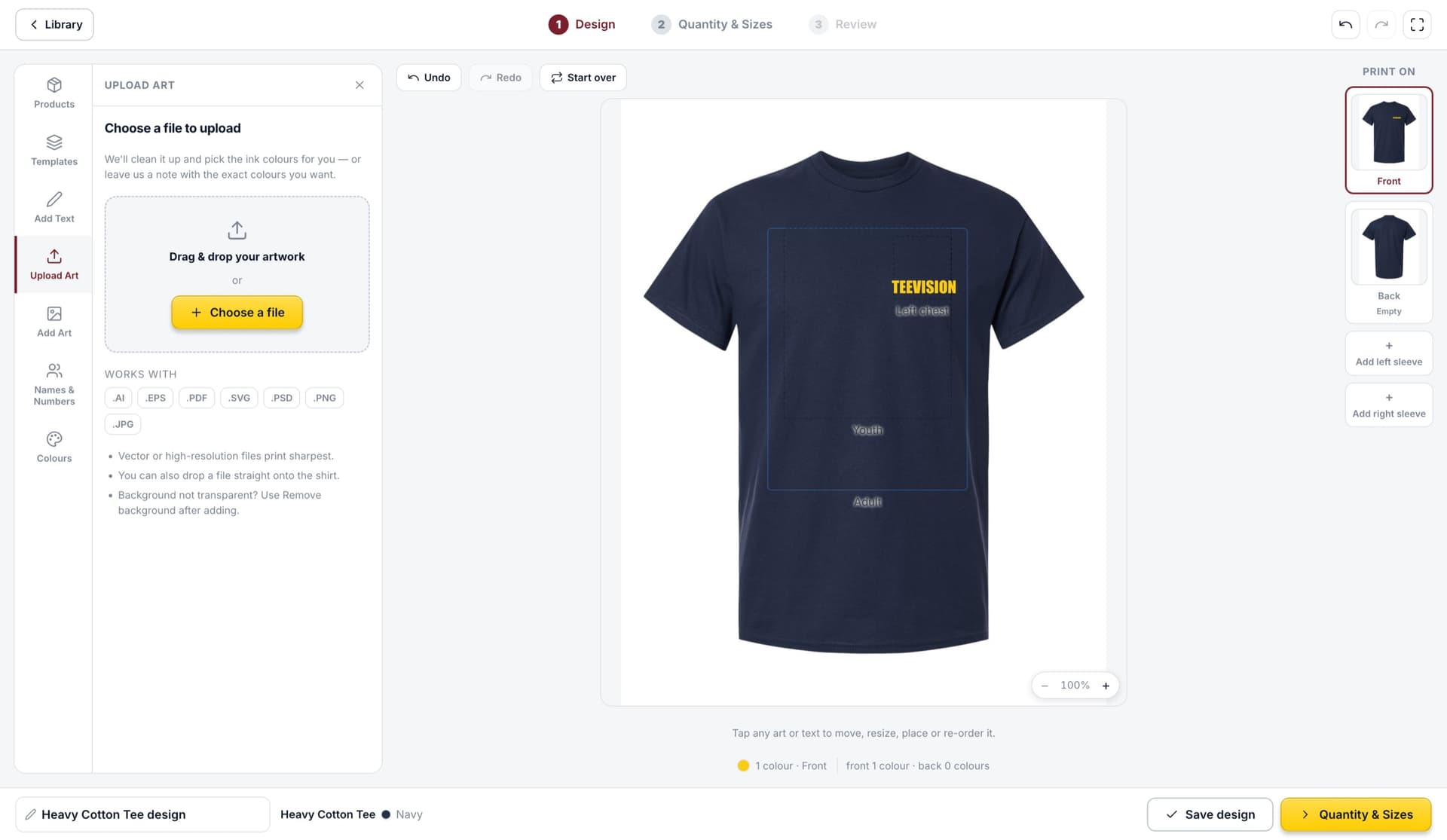 Tee Vision Design Studio editor — upload artwork and place it on a t-shirt