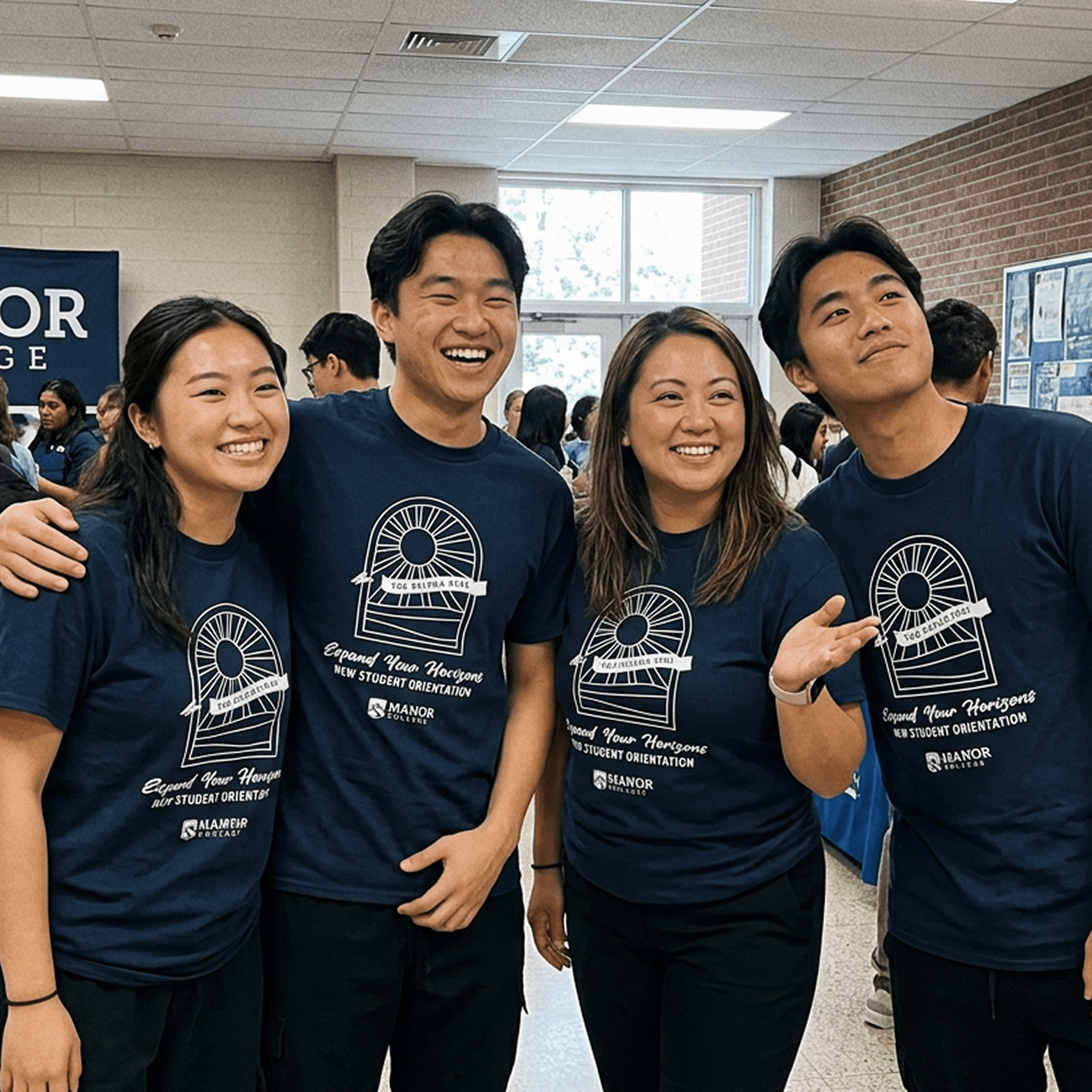 Group wearing custom navy screen-printed t-shirts at a college new student orientation event