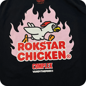 Multicolor screen printed t-shirt featuring Rokstar Chicken and VandyThePink collaboration with pink flame design for Complex