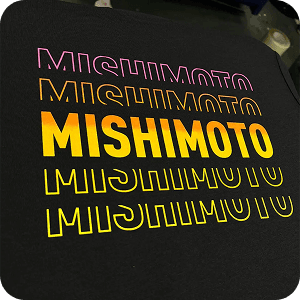 Multicolor gradient repeating text screen print on black t-shirt for Mishimoto automotive brand