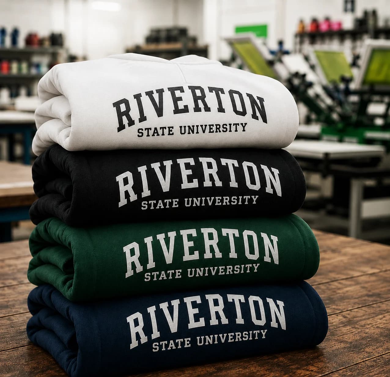 Stacks of folded custom screen printed apparel