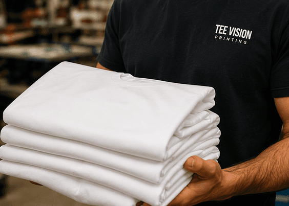 Tee Vision team member holding a stack of finished white t-shirts