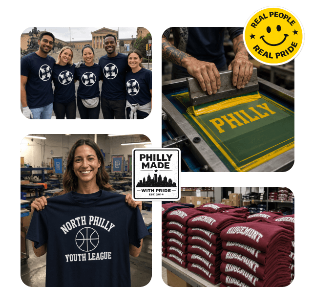 Tee Vision team, screen printing process and finished custom apparel in Philadelphia
