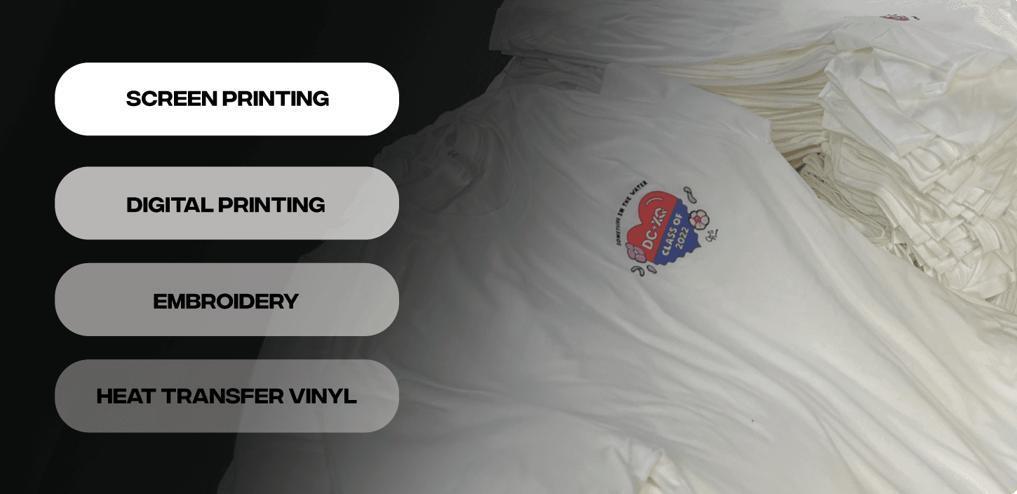 How can shirts tell your brand's story through design? Example of a “LOVE IS LOVE” printed t‑shirt alongside screen printing, digital printing, embroidery, and heat transfer vinyl options.