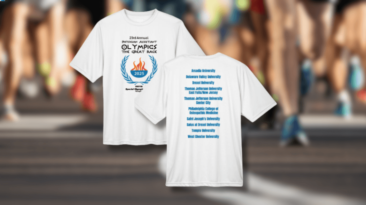 “The Great Race 2025” event shirt with torch logo and university list, a perfect example of which tshirt print is best for school runs.