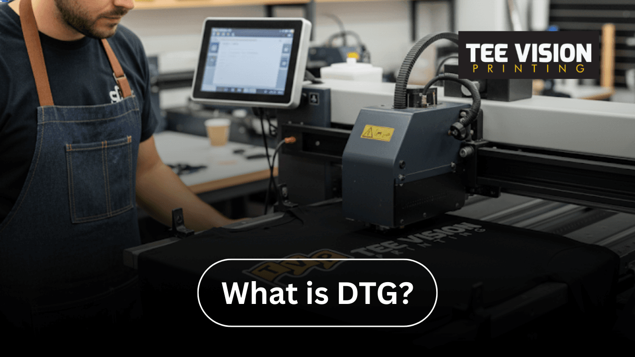 Operator using a DTG printer to print on a black t-shirt, illustrating what’s the difference between DTF and DTG printing methods in real production