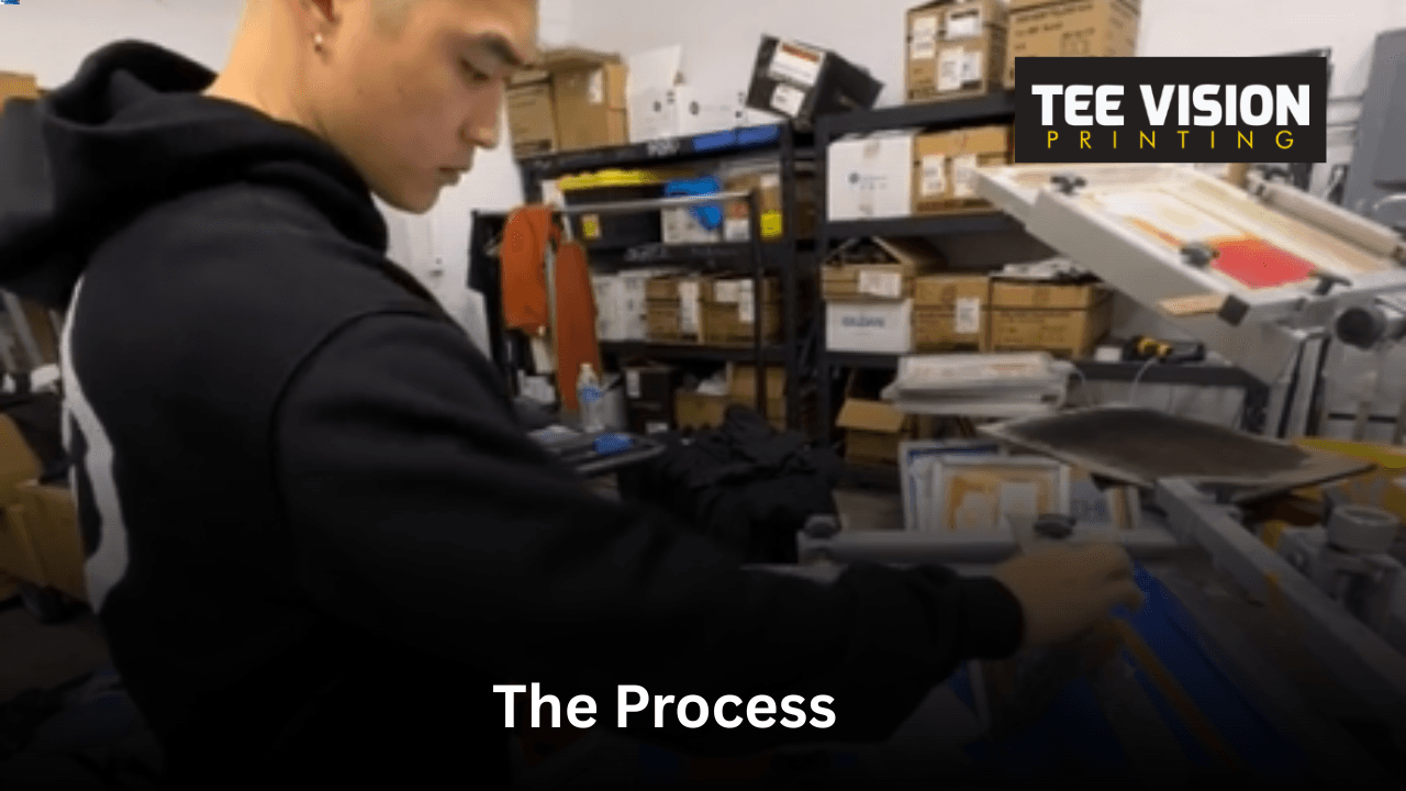 Skilled technician operating a screen printing press at Tee Vision Printing to produce high‑quality basketball shirts — precision craftsmanship behind Awesome Merch for Basketball Fans.