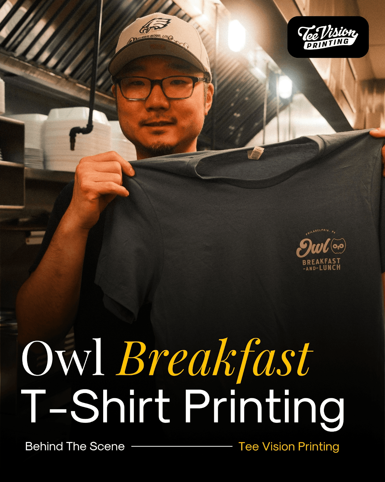 Rob Kang Owl Breakfast custom t-shirt printing behind the scenes at Tee Vision Printing, showcasing branded staff apparel.