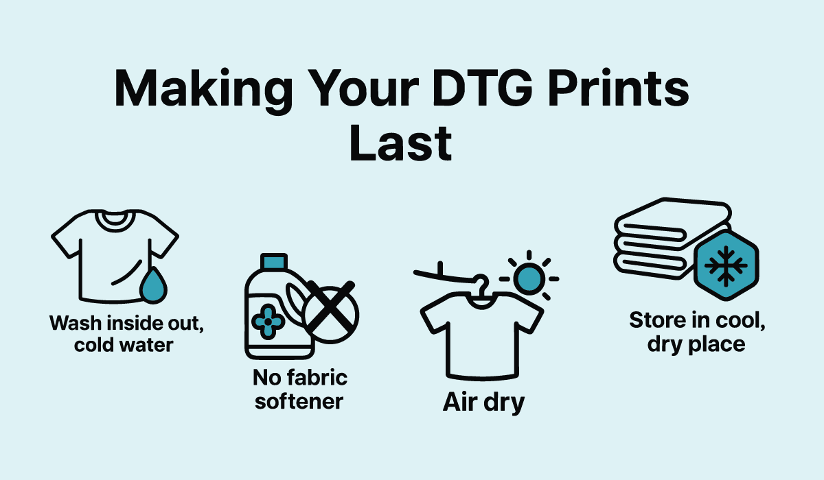Infographic showing how to care for DTG printed garments, including washing inside out with cold water, avoiding fabric softener, air drying, and storing in a cool, dry place—essential tips for anyone learning what is DTG printing and how to extend the life of custom apparel.