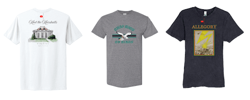 Example t-shirts showcasing detailed DTG prints, helping explain what’s the difference between DTF and DTG printing methods for complex artwork.