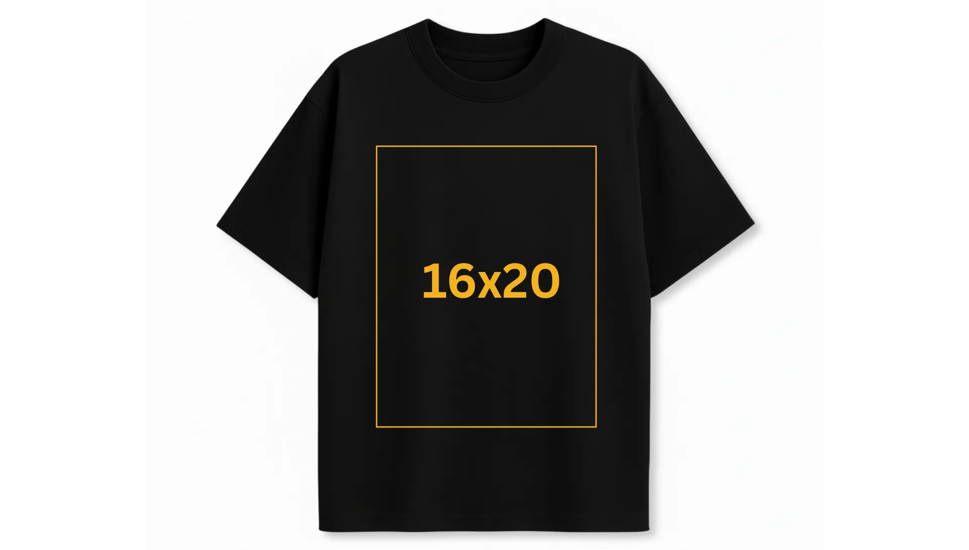 Black t-shirt showing 16x20 print area dimensions