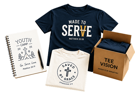 Custom church shirts, notebook, and shipping box