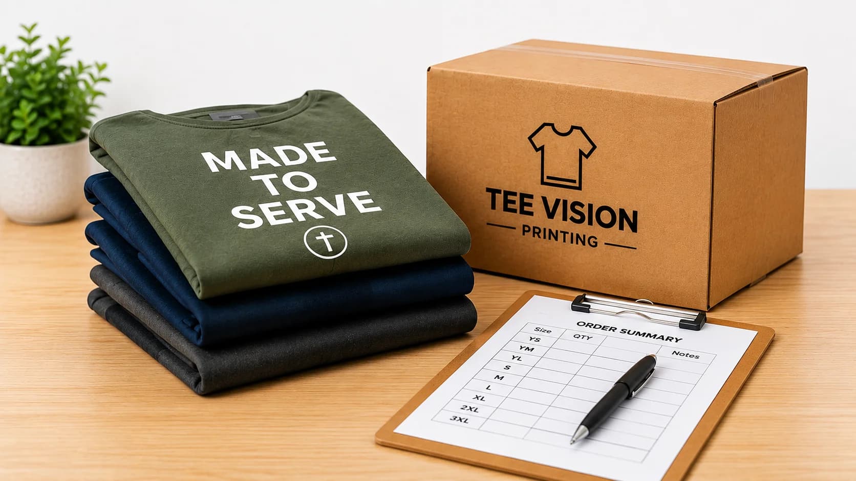 Folded custom church shirts with order form and shipping box