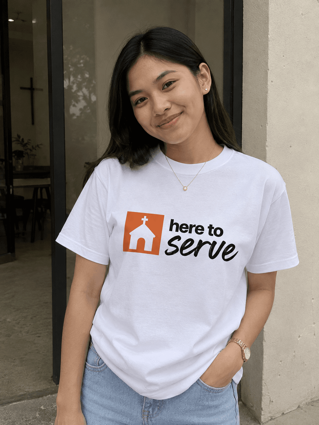 White "Here to Serve" church volunteer t-shirt