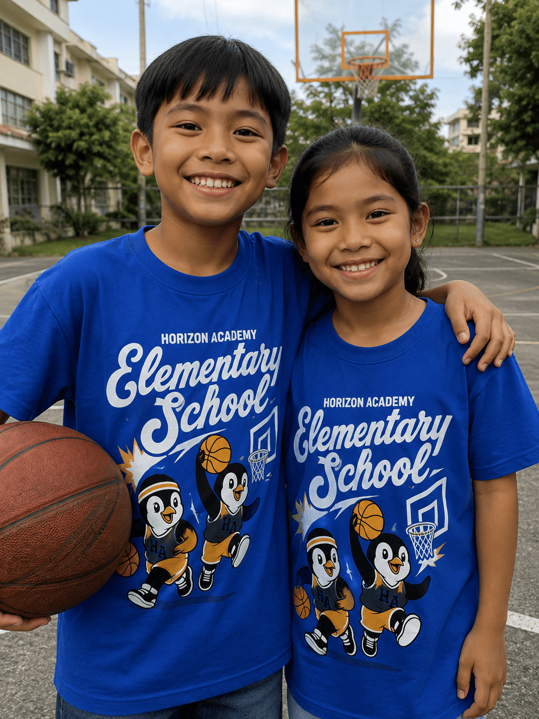 Two children wearing royal blue Horizon Academy Elementary School spirit t-shirts