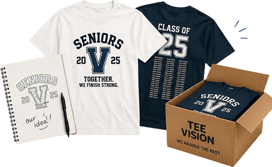 Custom class shirts, notebook sketch, and Tee Vision shipping box