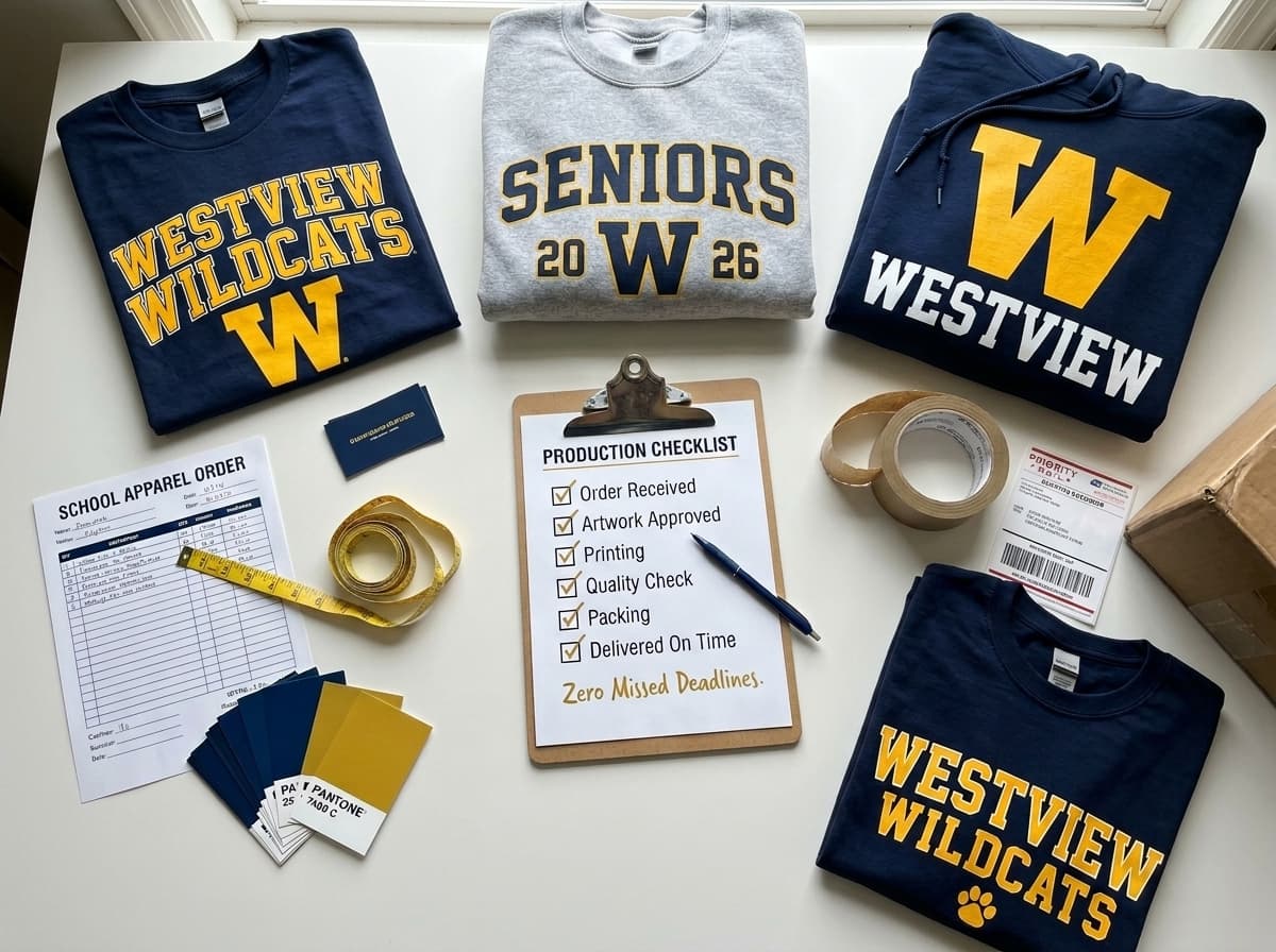 Custom school apparel, production checklist, and Pantone color matching