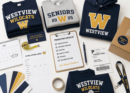 Custom-printed school shirts on a team of students