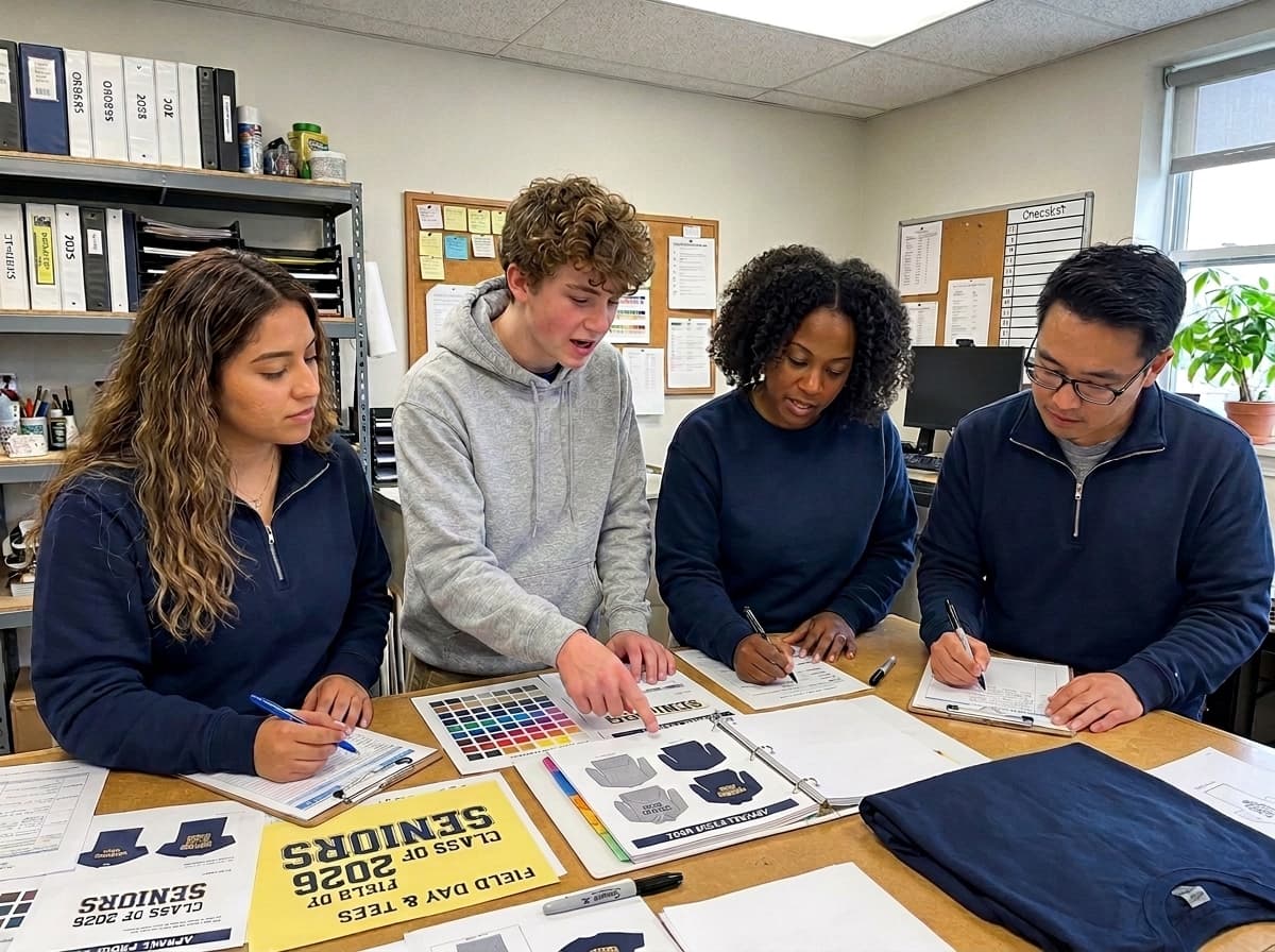 School team reviewing custom apparel proofs and color swatches