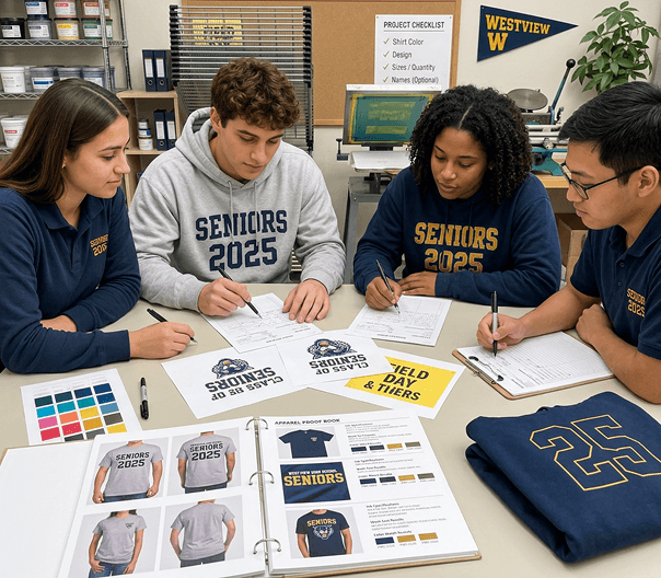 School team reviewing custom apparel proofs and color swatches