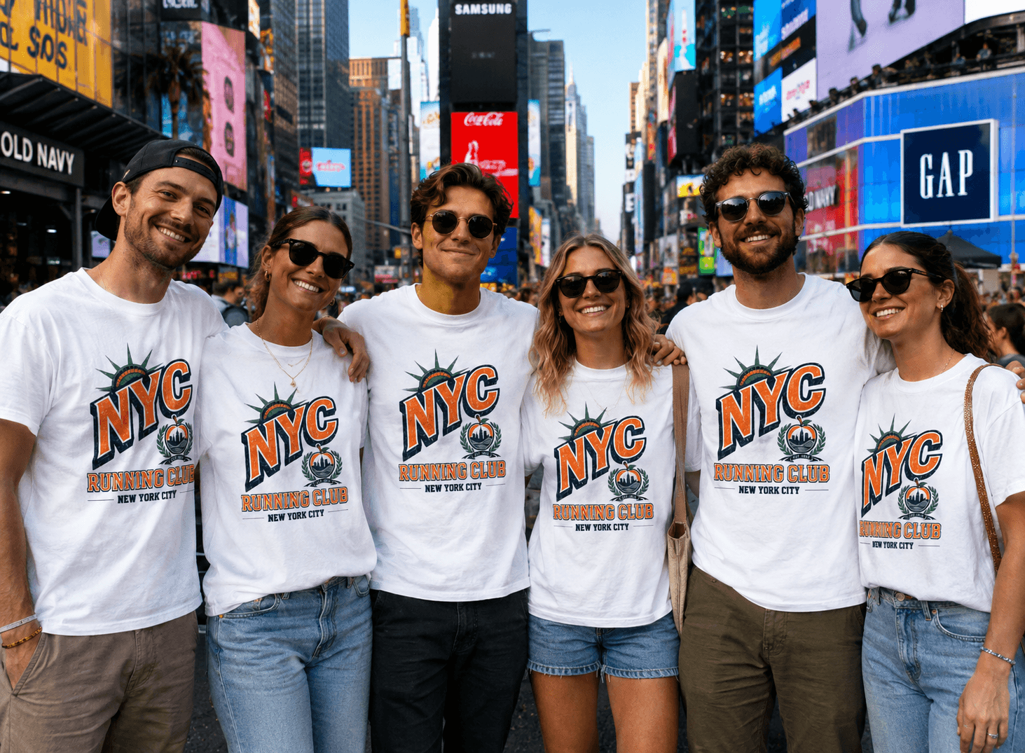 Group wearing custom-printed NYC tees in New York