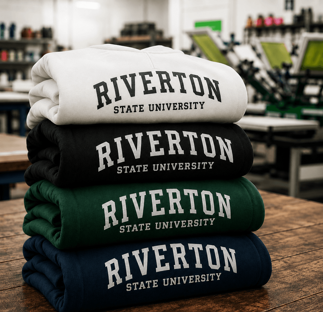 Stacks of folded custom screen printed apparel