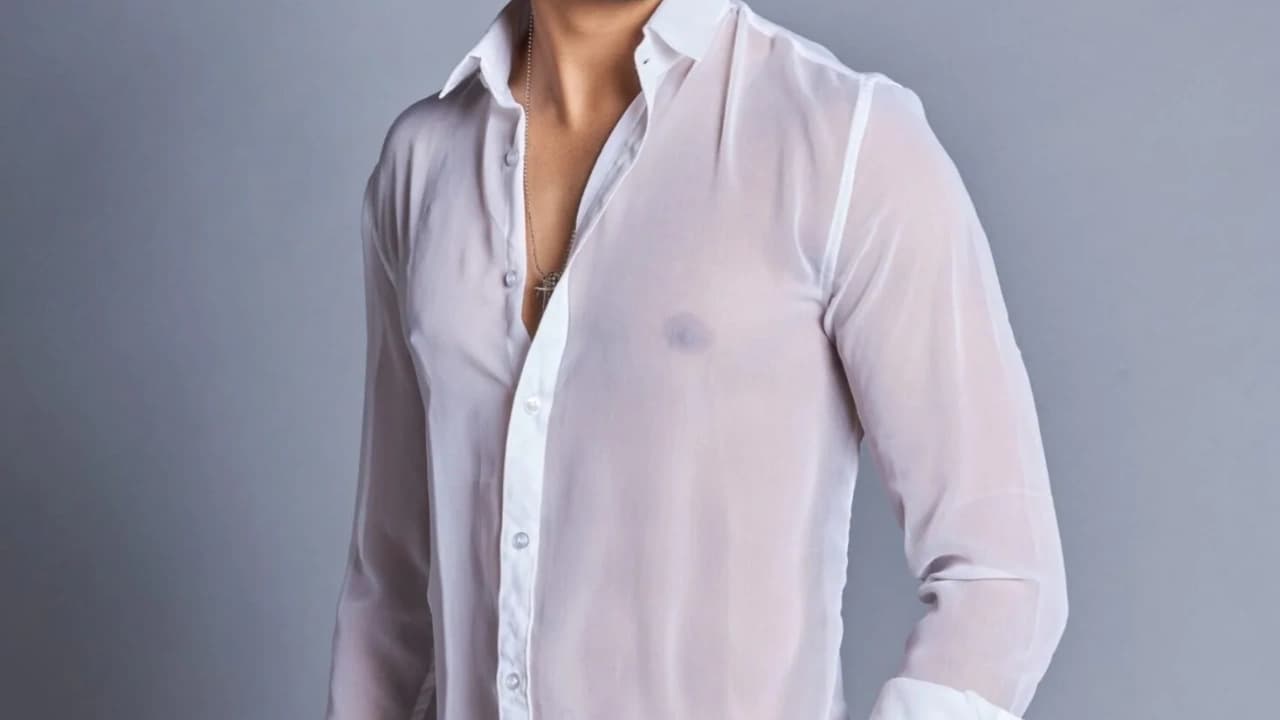 Man wearing a semi-transparent white shirt, illustrating options for custom t-shirt design and apparel design.