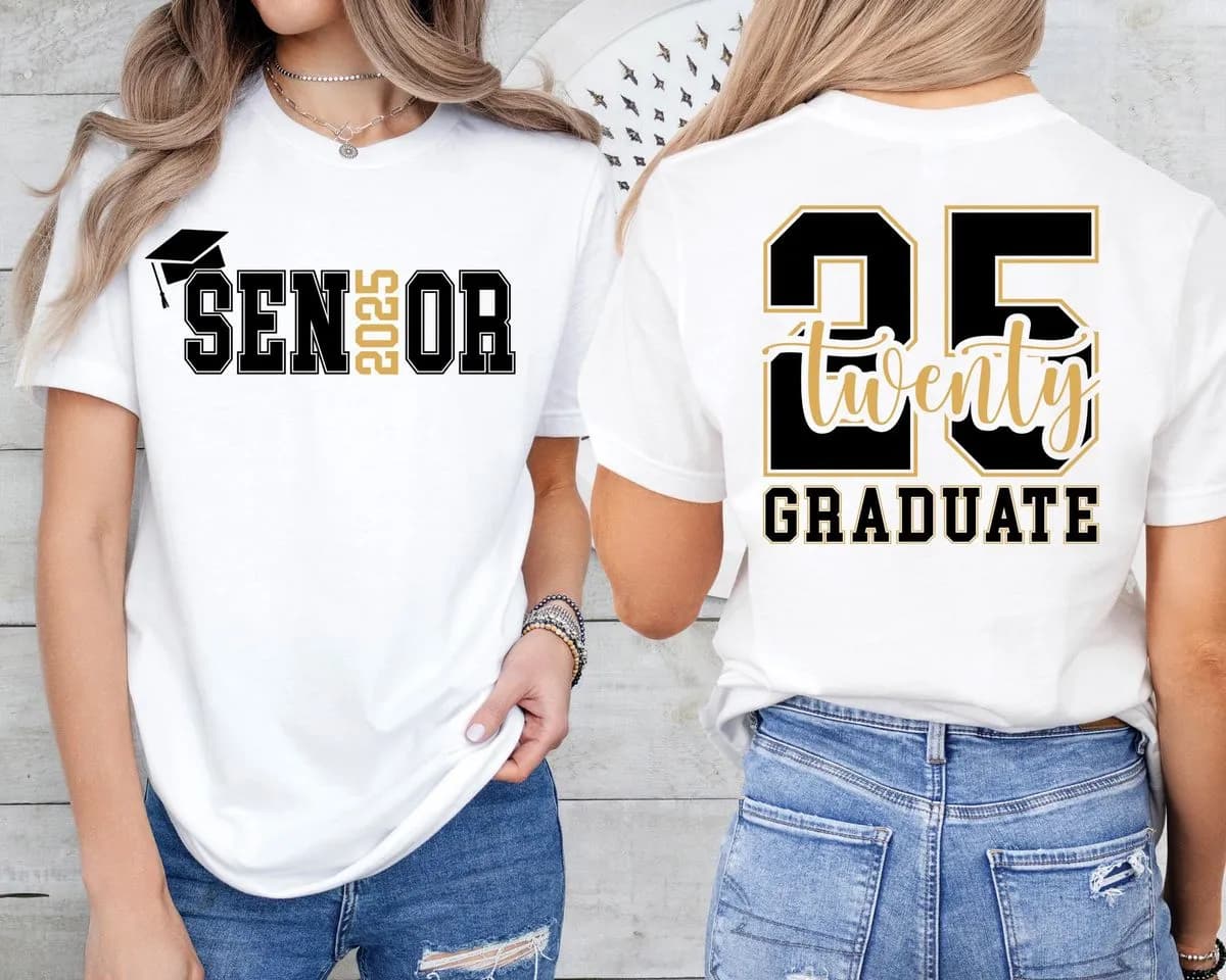 A promotional graphic showcasing custom t shirt design wholesale for schools, with a 'Senior 2025' shirt example.