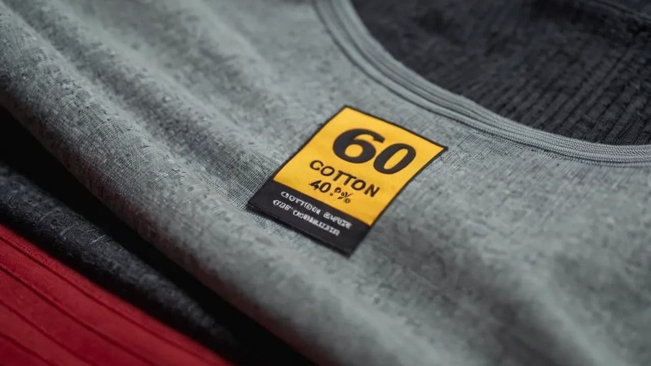 Close-up of a gray t-shirt with a "60 Cotton 40%" label, perfect for custom t-shirt design and wholesale.