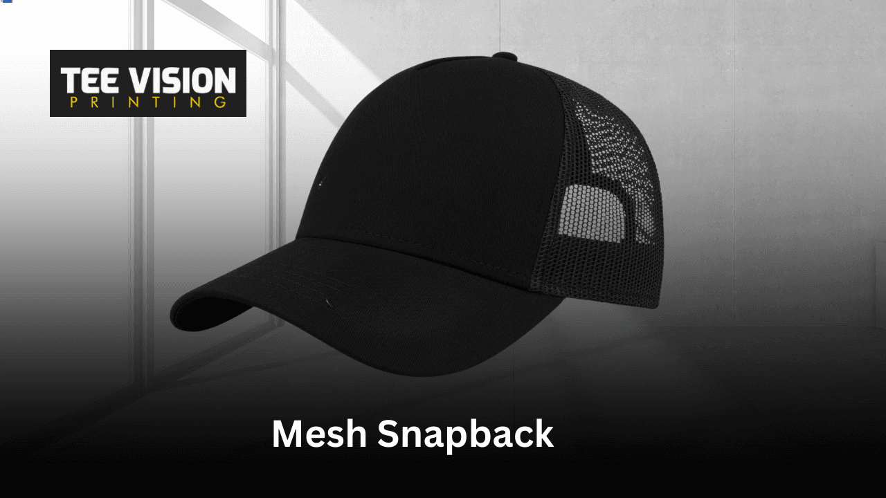 Best High-Quality Headwear – black mesh snapback cap with solid front panel and breathable back, perfect for active brands and custom printing.