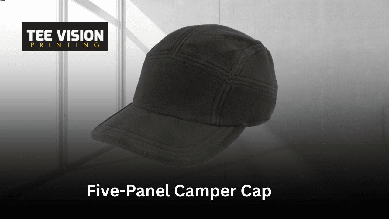 Best High-Quality Headwear – black five-panel camper cap with flat front panel and minimalist design, perfect for modern embroidered branding.