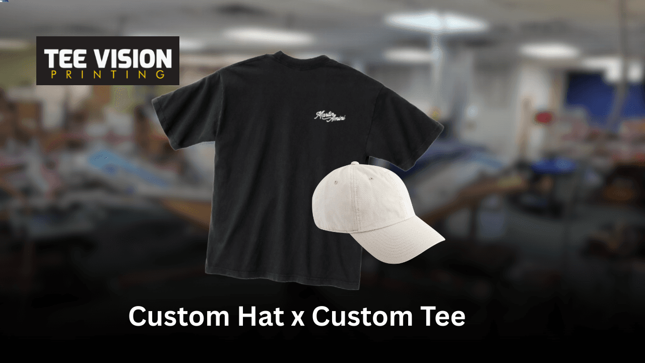 Best High-Quality Headwear – promotional image featuring custom black t-shirt and white baseball cap for cohesive branded merchandise.