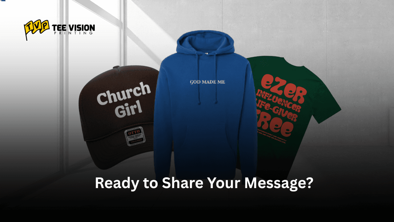 Collection of branded pieces including a “Church Girl” cap, “God Made Me” hoodie, and “Ezer Influencer” tee, representing custom Christian church apparel for modern ministries.