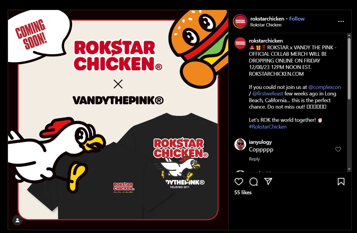 Playful promo graphic announcing the Rokstar Chicken x Vandy the Pink collab, teasing the drop of Custom Screen-Printed T Shirts for Rokstar Chicken.