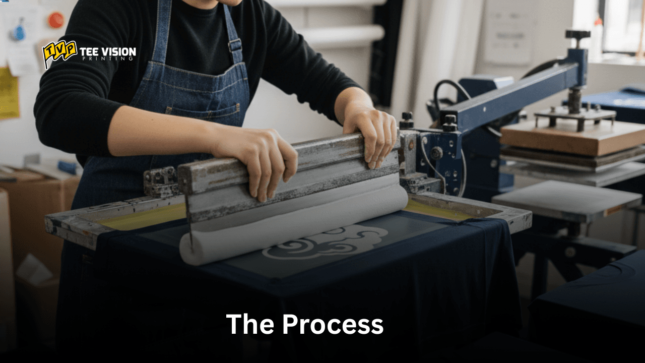 Screen printing in action at Tee Vision Printing, producing high-quality custom Christian church apparel with bold faith-based designs.