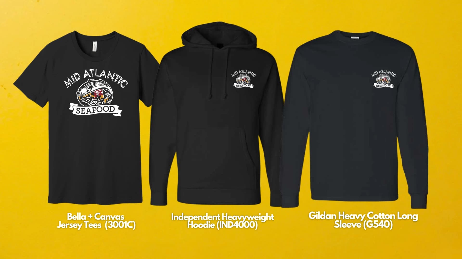 Bulk screen printed t-shirts for Mid Atlantic Seafood featuring Bella Canvas 3001, Independent Trading Co IND4000, and Gildan G540 blanks printed by Teevision Printing Philadelphia