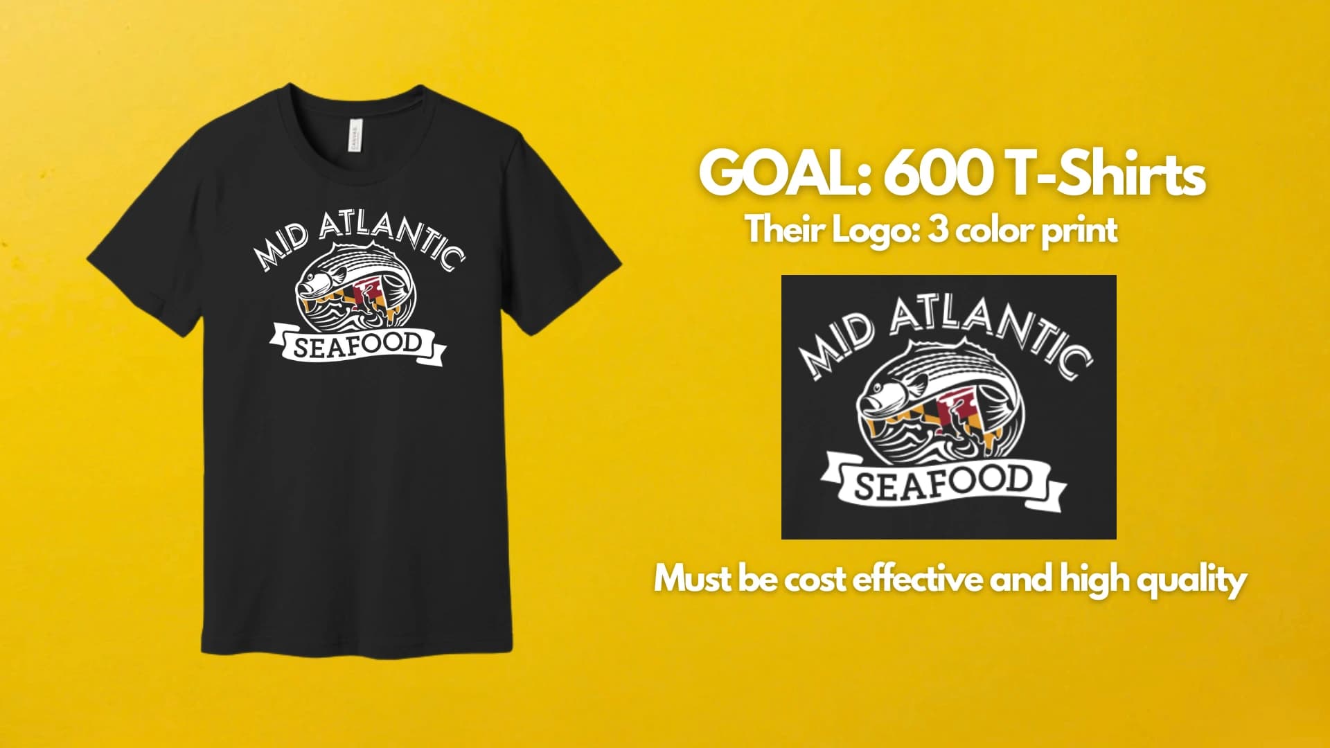 Custom screen printed t-shirts for Mid Atlantic Seafood featuring their logo, produced in a bulk order of 600 shirts by Teevision Printing in Philadelphia