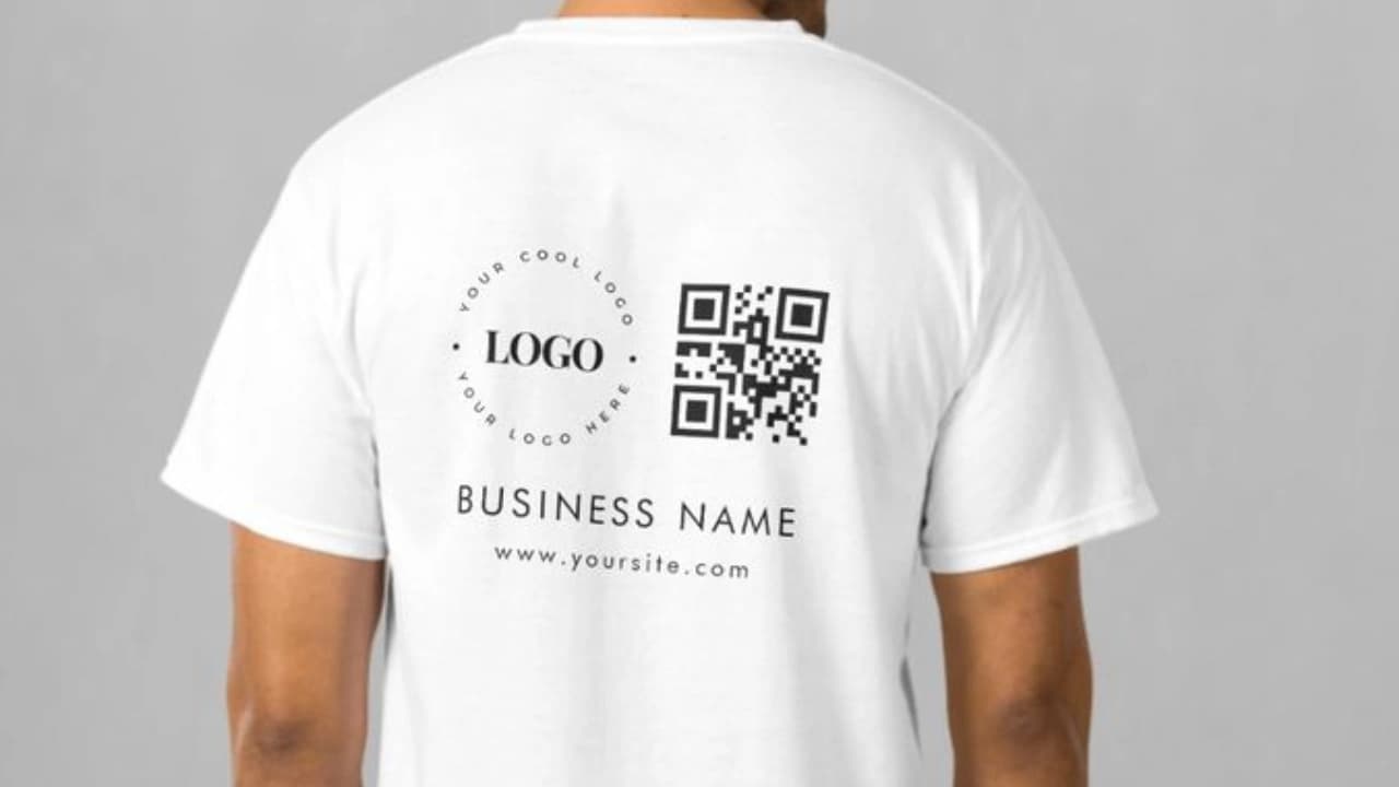 A custom t-shirt template for a business, showing where to add your branding with our online t-shirt logo design maker.