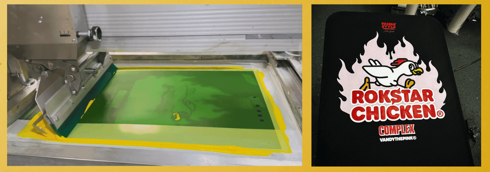 Rokstar Chicken Merch Being Printed on the Press with Plastisol Ink