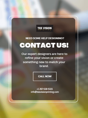 Promotional graphic from Tee Vision Printing featuring a call-to-action to contact expert designers for custom apparel support—ideal for readers exploring what is DTG printing and seeking professional help to refine their design vision.