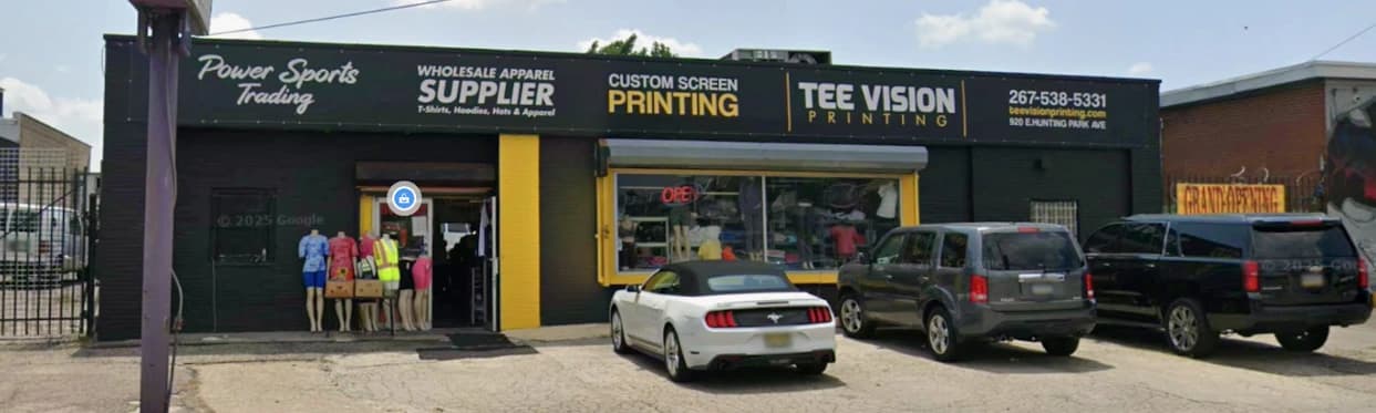 Storefront exterior of Tee Vision Printing, a professional screen printing company located in Philadelphia, specializing in custom t-shirts and branded apparel.