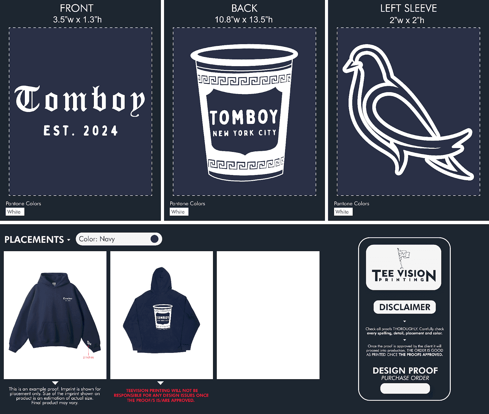 Tee Vision Printing digital proof for Tomboy Athletic Club navy hoodie showing front, back, and sleeve graphics with placement and sizing details.