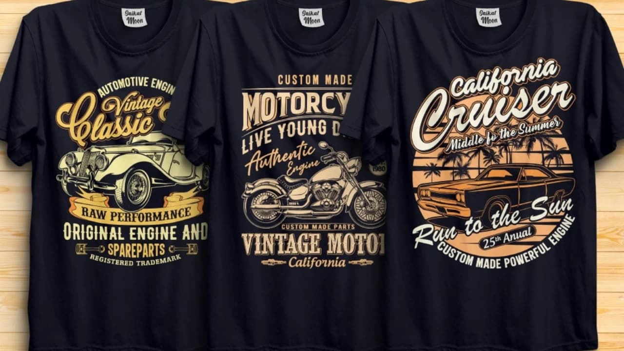 A collection of vintage automotive t-shirt designs, showcasing custom t-shirt design ideas for car and motorcycle fans.