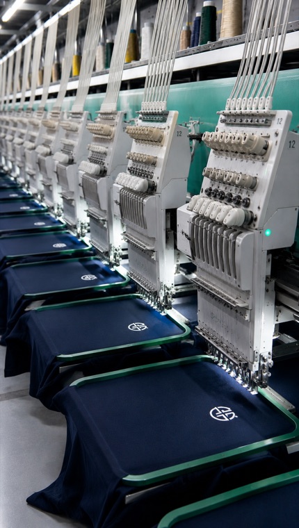 Embroidery machine stitching a logo onto apparel